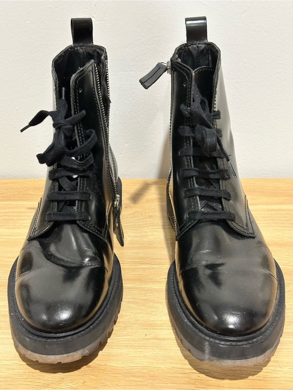 Zara Black Lace-Up Leather Zip Combat Boots